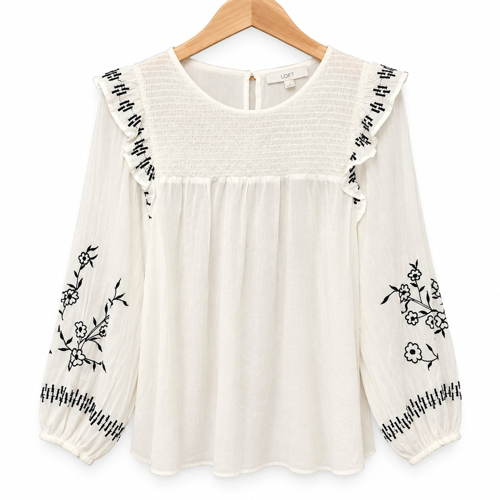 Loft Blouse Womens Size XL White Embroidered Long Balloon Sleeve Smock NWT